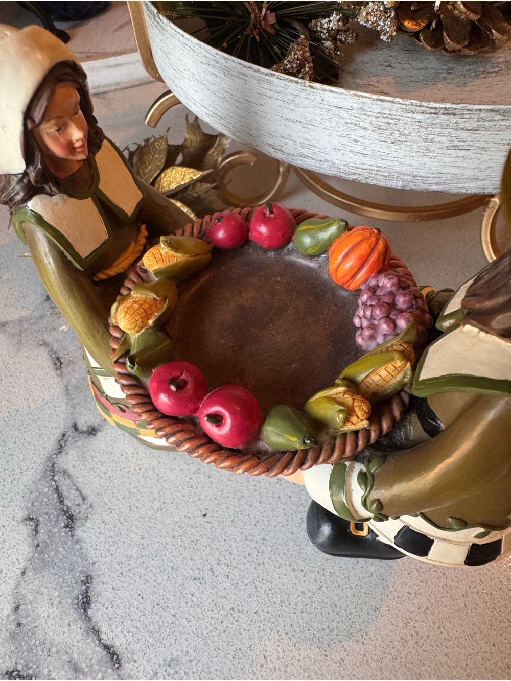 VTG Thanksgiving Pilgrim Couple Harvest Basket Centerpiece Figurine Folk Art